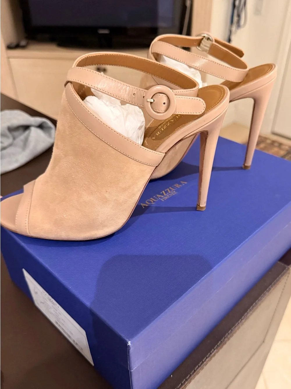Aquazzura Blush Pink Suede Open-Toe Stiletto Sandals